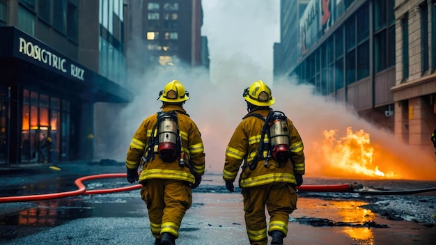 Feuerwehrleute bekämpfen ein Feuer in der Stadt Feuerwehrlieder bekämpfen einen Brand