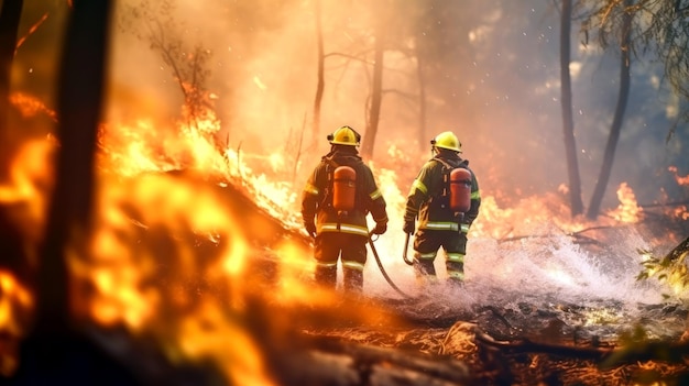 Feuerwehrleute bekämpfen wütende Waldbrände. Die durch den Klimawandel und die globale Erwärmung verursachte Zunahme globaler Waldbrände stellt eine erhebliche ökologische Bedrohung dar. Blick von hinten auf Banner