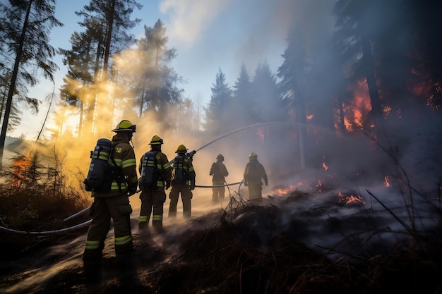 Feuerwehrleute besprühen einen Waldbrand im Wald Generative Ai mit Wasser