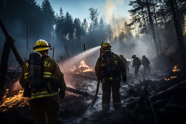 Feuerwehrleute besprühen einen Waldbrand im Wald Generative Ai mit Wasser