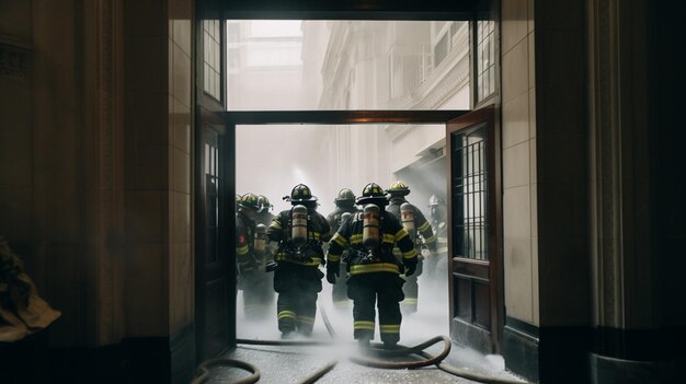Feuerwehrleute gehen durch ein Gebäude mit der Aufschrift „Feuerwehrmann“ auf der Rückseite.