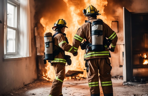 Feuerwehrleute in einem brennenden Haus