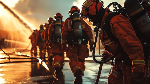 Feuerwehrleute in Schutzausrüstung gehen auf ein Feuer zu. Das Bild ist dunkel und dramatisch, das einzige Licht kommt vom Feuer.