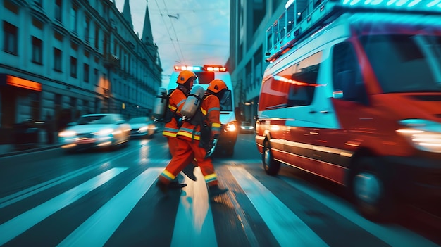 Foto feuerwehrleute in schutzausrüstung reagieren auf einen notfall