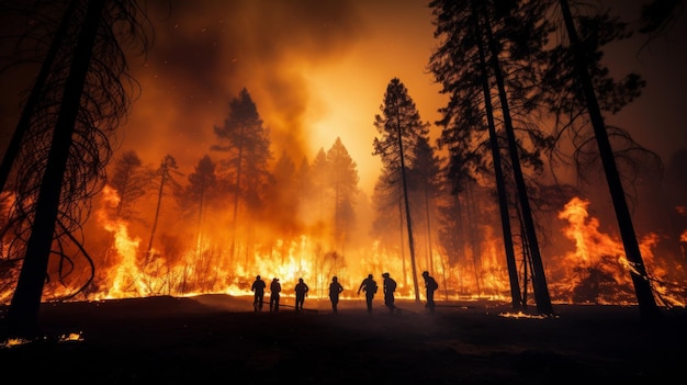 Feuerwehrleute kämpfen mutig gegen einen heftigen Waldbrand. Notfallmaßnahmen inmitten eines chaotischen Infernos.