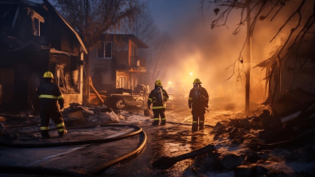 Feuerwehrleute löschen einen Brand in einem ausgebrannten Haus