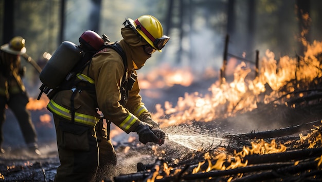 Feuerwehrleute löschen einen Brand in einem Wald