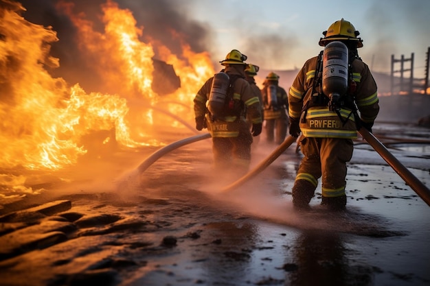 Feuerwehrleute richten in Battle Generative AI Sprühstöße auf Flammen