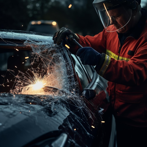 Feuerwehrleute schneiden ein Autofenster mit einem Glasschneider für die Rettungsaktion