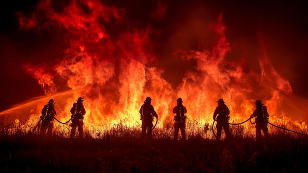 Feuerwehrleute stehen vor dem Feuer