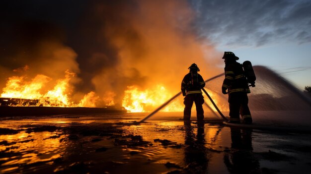 Feuerwehrleute stehen vor der Flamme