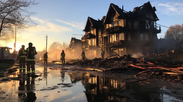 Foto feuerwehrleute stehen vor einem gebäude, das durch einen brand zerstört wurde