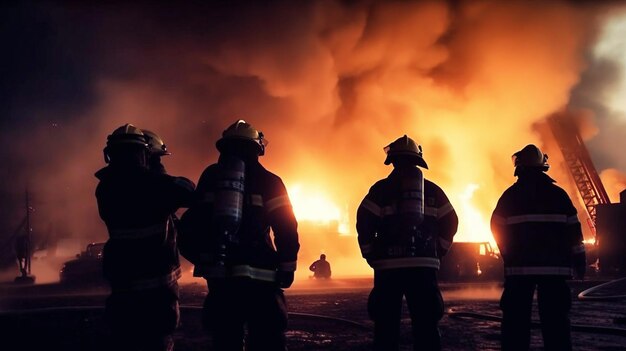 Feuerwehrleute tragen Feuerwehrausrüstung und Helm. Dunkler Hintergrund mit Rauch und blauem Licht