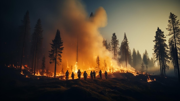 Foto feuerwehrleute verwenden einen feuerlöschschlauch, um heftige flammen bei einem großen notfallfeuer zu bekämpfen, das mehrere gebäude zerstörte