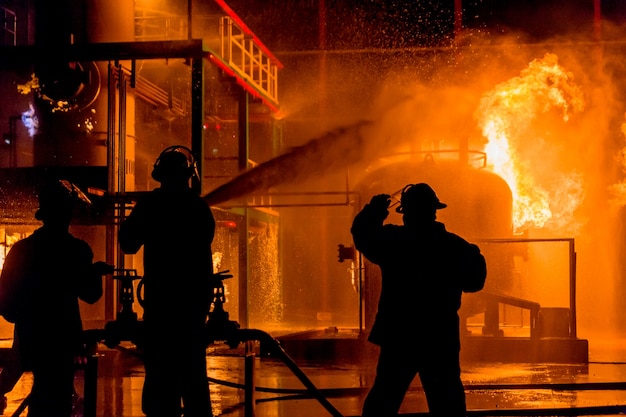 Feuerwehrmänner, die Wasser vom Schlauch für Feuerbekämpfung am Feuerwehrentraining der Versicherungsgruppe verwenden