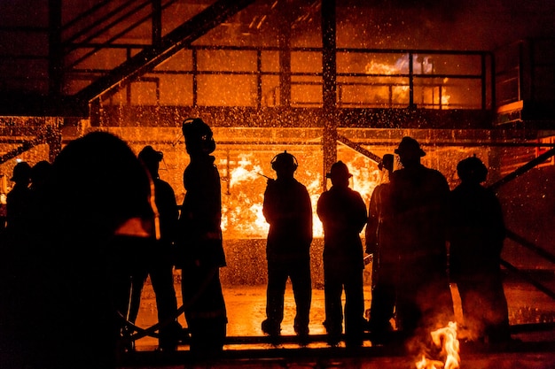 Feuerwehrmänner, die Wasser vom Schlauch für Feuerbekämpfung am Feuerwehrentraining der Versicherungsgruppe verwenden