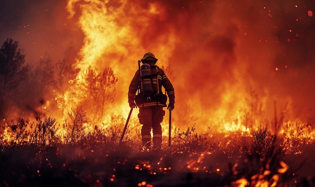 Feuerwehrmann arbeitet mit Wildbränden Naturkatastrophen