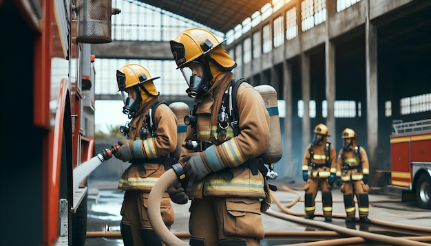 Foto feuerwehrmann-ausbildungsübung authentische schüsse von feuerwehrleuten, die rettungstechniken üben