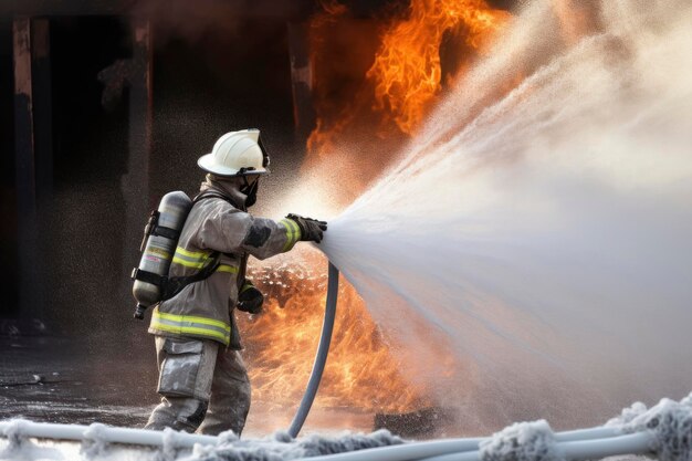 Feuerwehrmann bei der Arbeit mit einem Schaumschlauch löscht ein Feuer in einem Haus im Wald