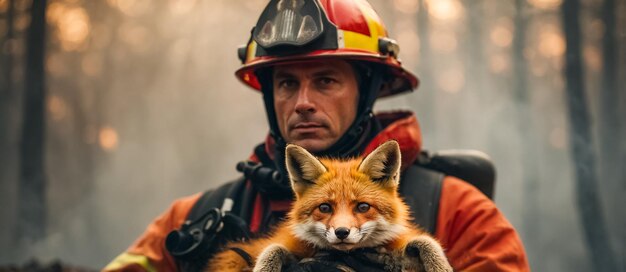 Feuerwehrmann hält einen geretteten Fuchs in ihren Armen Wildtiere