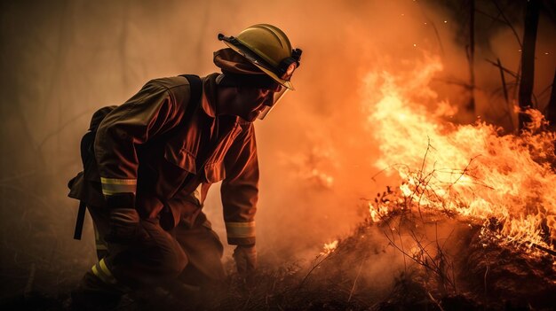 Feuerwehrmann im Feuerwald generative ai