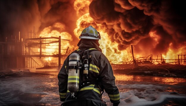 Feuerwehrmann im Schutzanzug sprüht Wasser auf brennendes Fabrikinferno, erzeugt durch künstliche Intelligenz