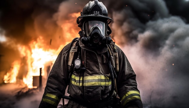 Feuerwehrmann in Schutzausrüstung bekämpft die von KI erzeugte Inferno-Vernichtung