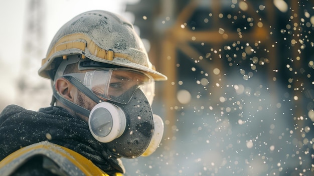 Feuerwehrmann in Schutzausrüstung inmitten eines Sprays von Wassertropfen, der in die Ferne schaut