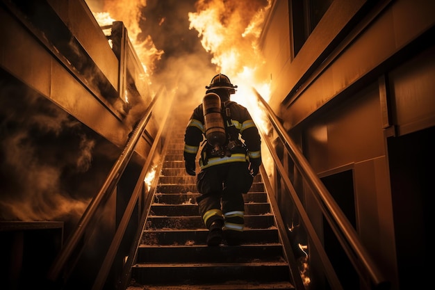 Feuerwehrmann in voller Ausrüstung geht die Treppe hinauf, schweres Feuer Generative KI