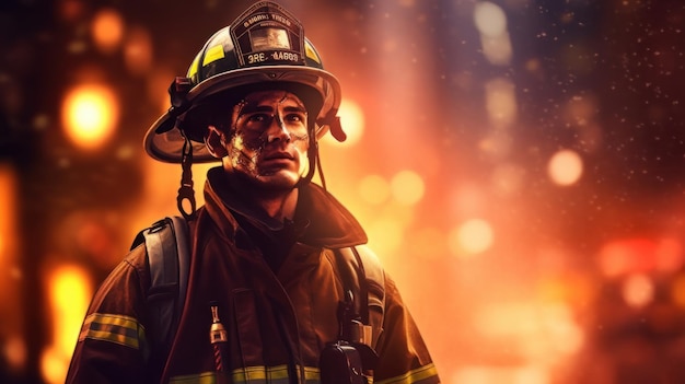 Feuerwehrmann mit Anzug und Schutzhelm kämpft mit dem Feuer