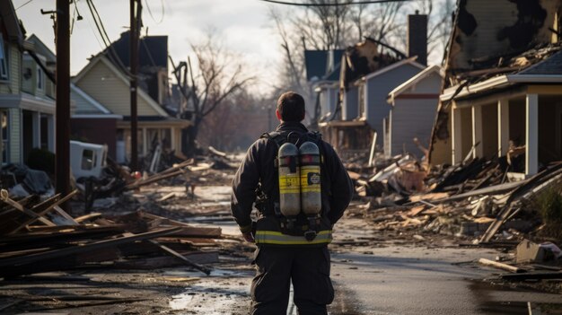 Foto feuerwehrmann mit dem rücken auf einer straße in einer stadt generative ki