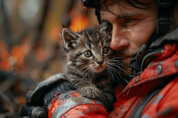 Feuerwehrmann mit einem Kätzchen im Arm Internationaler Tag der Feuerwehrleute