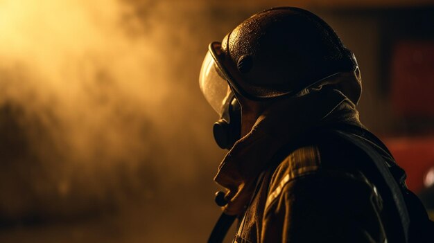 Feuerwehrmann mit Gasmaske und Helm nachts im Rauch