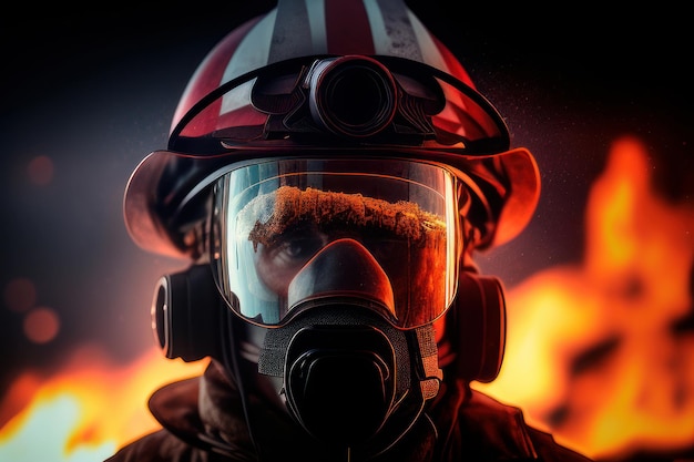 Feuerwehrmann mit Helm und Maske Schutz vor Sauerstoff und Feuer auf verschwommenem Hintergrund