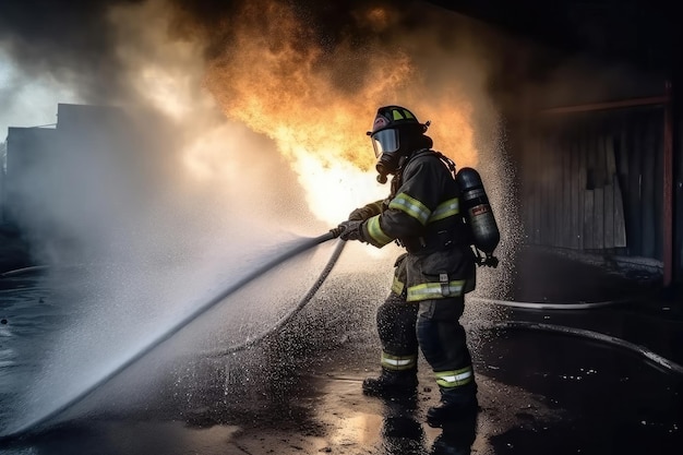 Feuerwehrmann mit Schlauch, der ein Feuer löscht