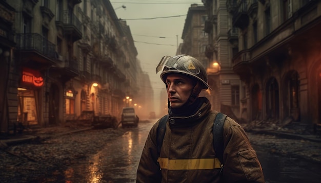 Feuerwehrmann steht in einer gefährlichen Stadt. Generative KI