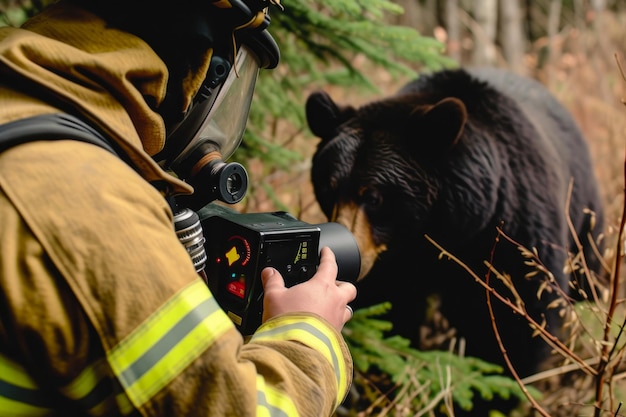 Feuerwehrmann überwacht die Wildnis mit einer Wärmekamera