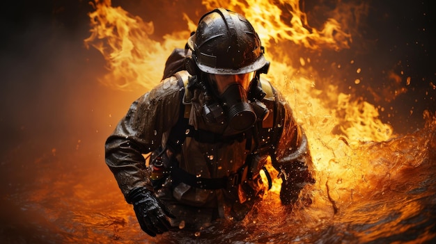 Feuerwehrmann und Flamme in der Nähe von Wasser