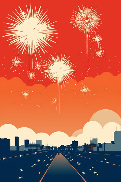 Feuerwerk am Himmel mit einer Stadt im Hintergrund Vektorkunst-Illustration