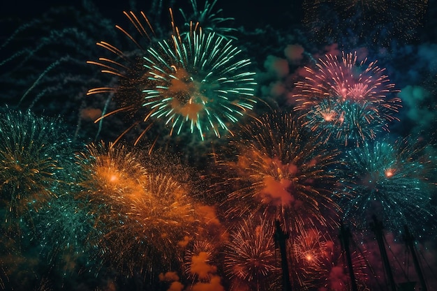 Feuerwerk am Nachthimmel mit einem grünen und orangefarbenen Feuerwerk im Hintergrund.