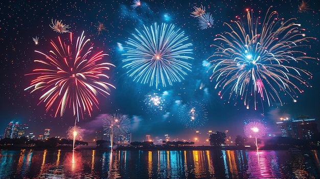 Feuerwerk am Nachthimmel über der Stadt