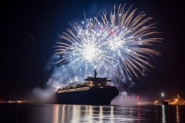 Feuerwerk am Nachthimmel über einem Kreuzfahrtschiff