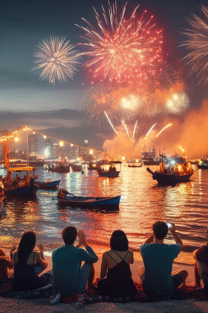 Feuerwerk auf dem See Diwali Festival festliche Lichter über dem Wasser im Himmel