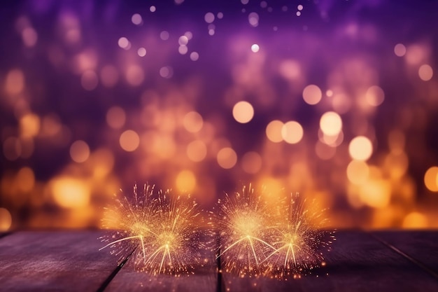 Feuerwerk auf einem Holztisch mit violettem Hintergrund