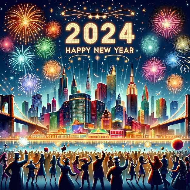 Foto feuerwerk erleuchtet die skyline bei einer festlichen neujahrsfeier für 2024