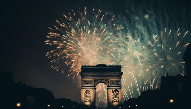 Feuerwerk erleuchtet die Skyline der Stadt bei der von KI generierten Feier zum 4. Juli