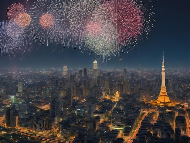 Feuerwerk feiert nachts das Stadtbild von Bangkok