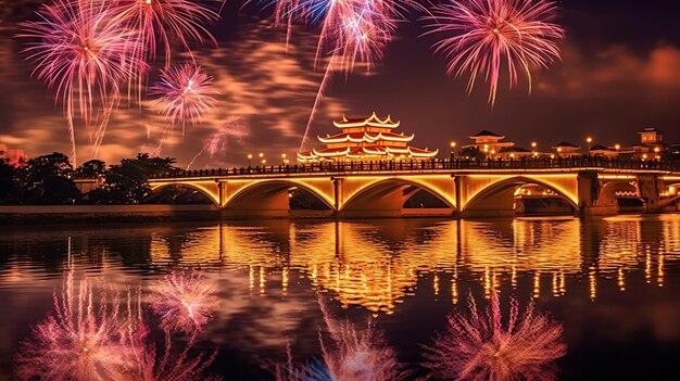 Feuerwerk mit Skyline über der generativen KI der Stadt