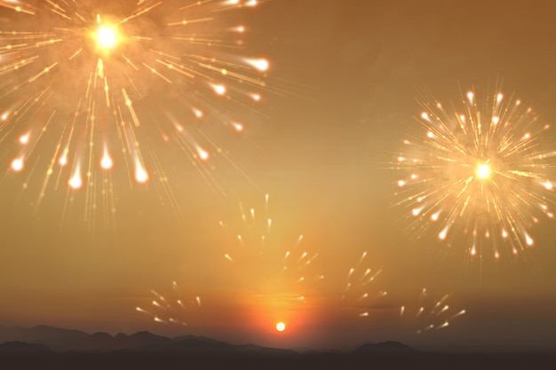 Feuerwerk mit Sonnenuntergangshimmel