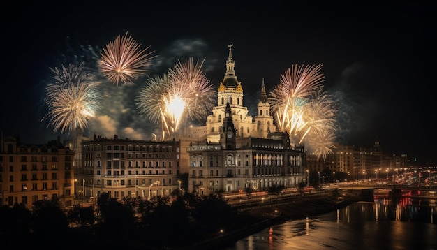 Feuerwerk über dem Fluss in Madrid